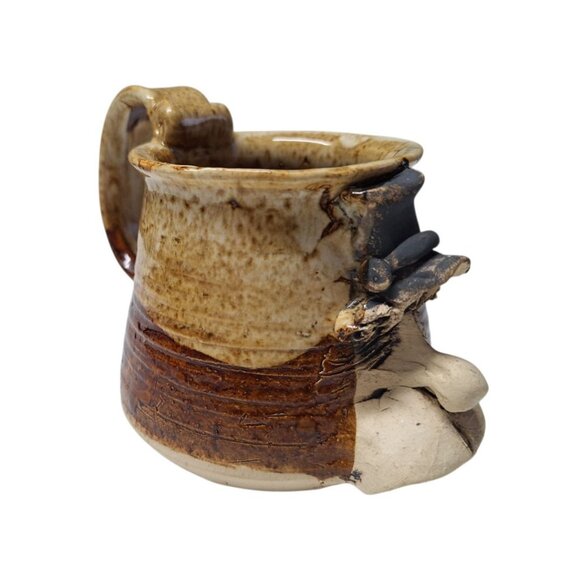 Handmade Face Mug Pottery Cup Clay Folk Art Hillbilly Brown Glaze Signed Tea - Picture 2 of 9